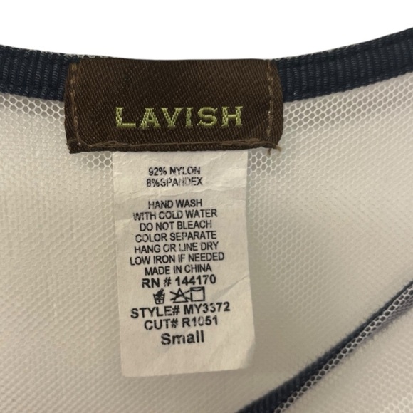 Lavish Cream & Navy Mesh Overlay Sleeveless Embroidered Lace Trim Top Sz S - Picture 5 of 7